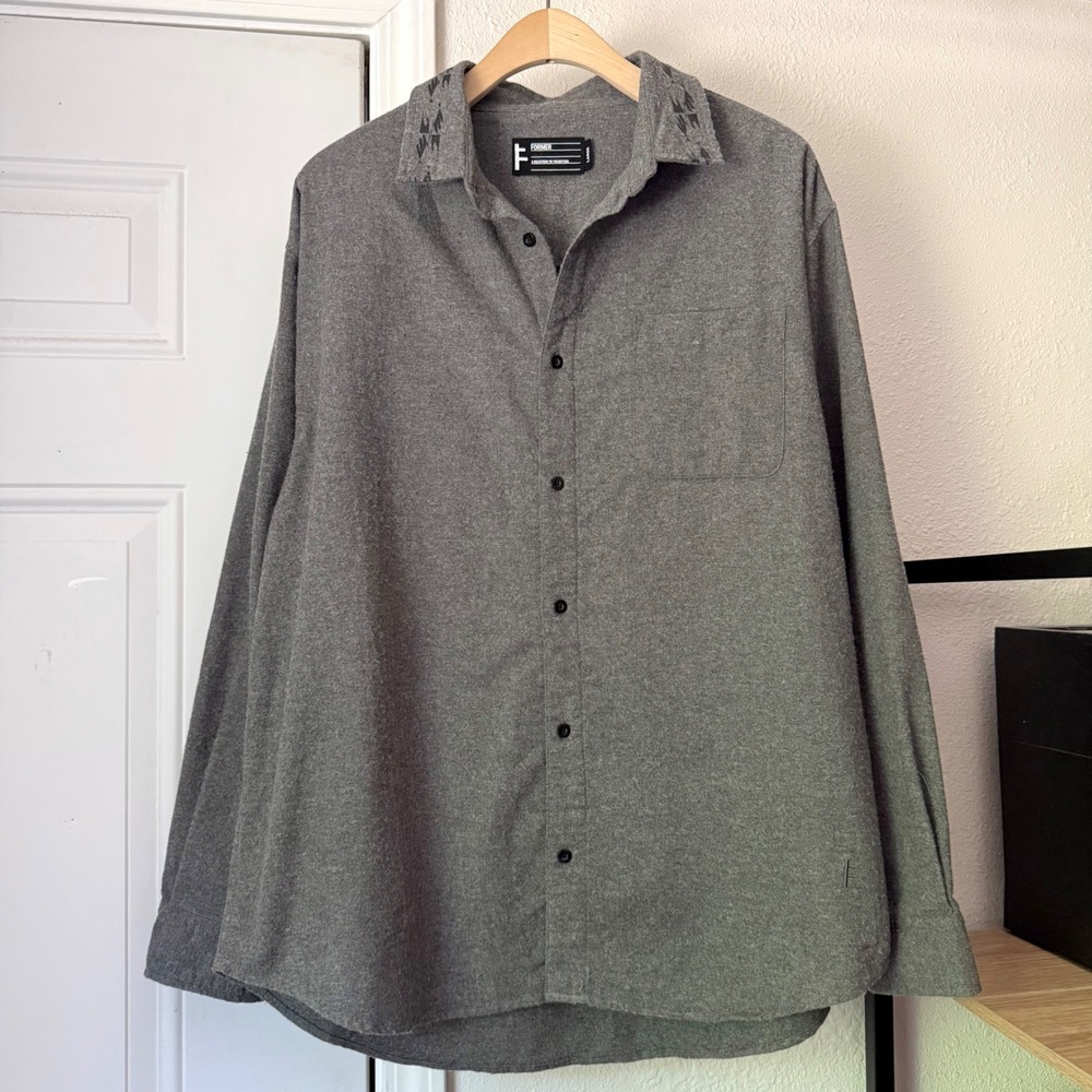 FORMER grey men's brushed cotton long sleeve embroidered button up down shirt